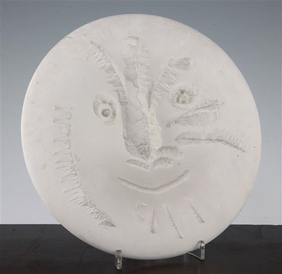 Pablo Picasso. A Madoura biscuit pottery Visage en gros relief dish, c.1963, 27cm